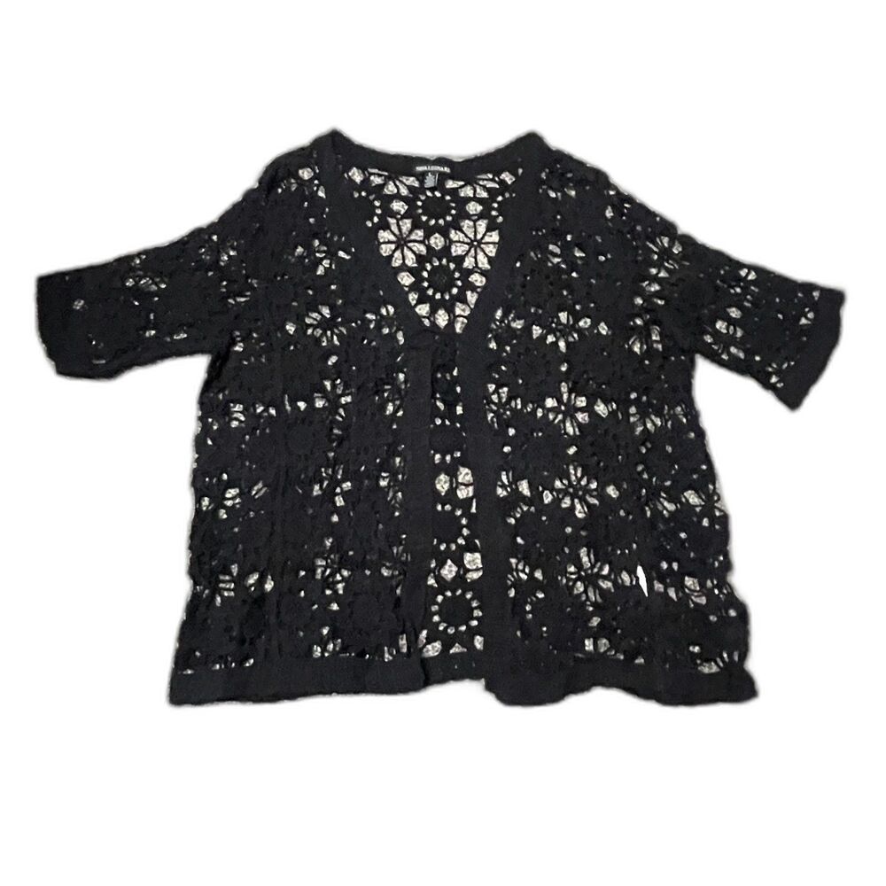 New Nina Leonard Black Short Sleeve Open-Front floral Crochet Cardigan L